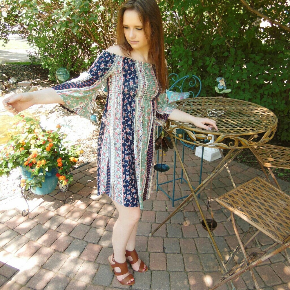 Boho jersey knit off shoulder midi